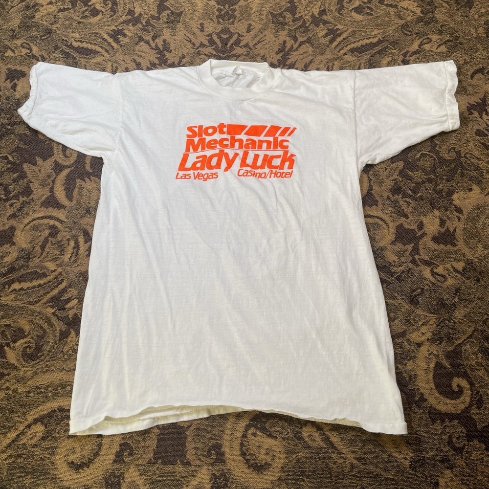 Vtg Slot Mechanic Lady Luck Las Vegas Casino Hotel T Shirt Mens Large White